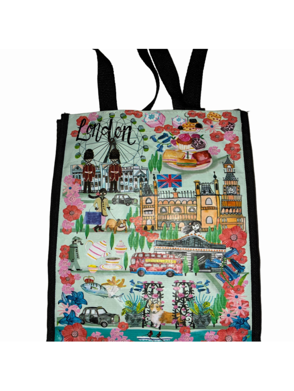 Women's London Themed Tote Bag, 12”, Light Blue Multi-color